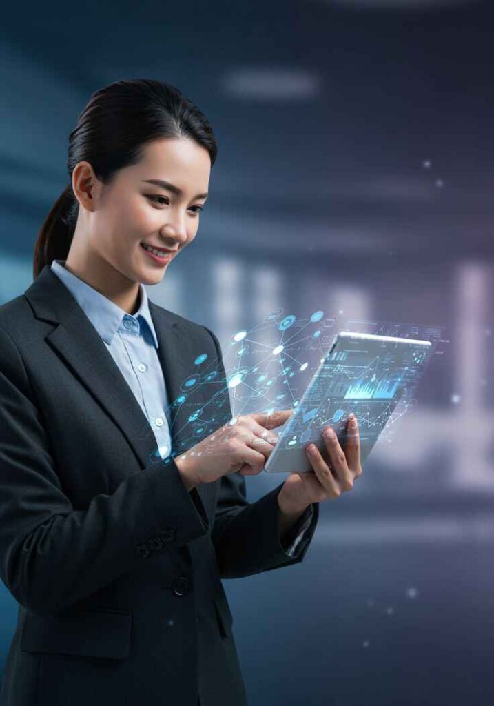 A professional digital marketer analyzing high-tech data visualizations on a tablet for a results-driven digital marketing agency.