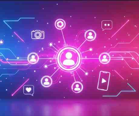 A glowing digital network diagram on a neon pink and blue background, symbolizing the reach of an influencer marketing agency.