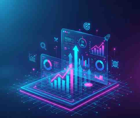 A glowing neon data dashboards representing the growth achieved through a professional search engine optimization service.