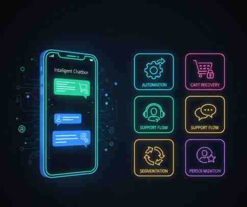 Futuristic smartphone interface with chatbot icons for an automated WhatsApp marketing service.