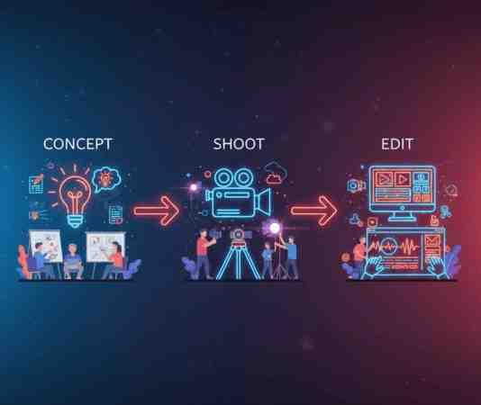 Illustration showing the workflow of proffessional video editing services, including concept planning, video shooting with camera crew, and editing on advanced digital software for high-quality video production.