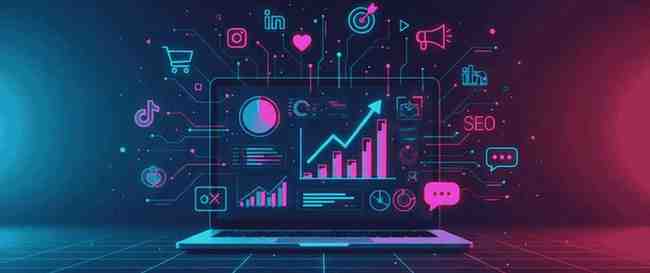 Laptop screen displaying neon growth charts and social media icons, representing results-driven digital marketing services and data analytics.