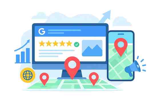 A desktop and mobile display featuring a 5-star Google review and map pins, illustrating the impact of professional google business profile optimization on local search visibility.