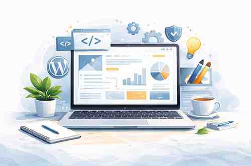 A clean, professional laptop screen displaying a custom website layout and coding icons, showcasing our expert wordpress website design services